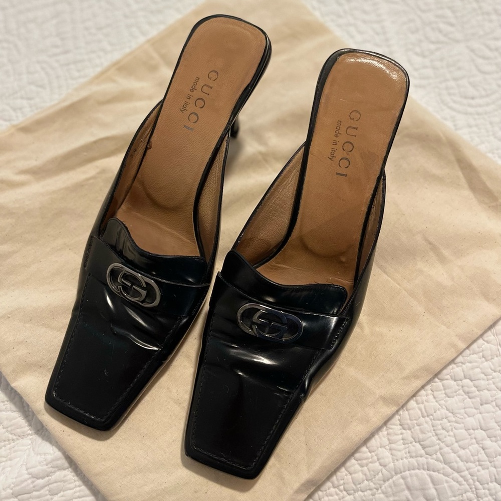 Gucci Black Patent Leather Mules